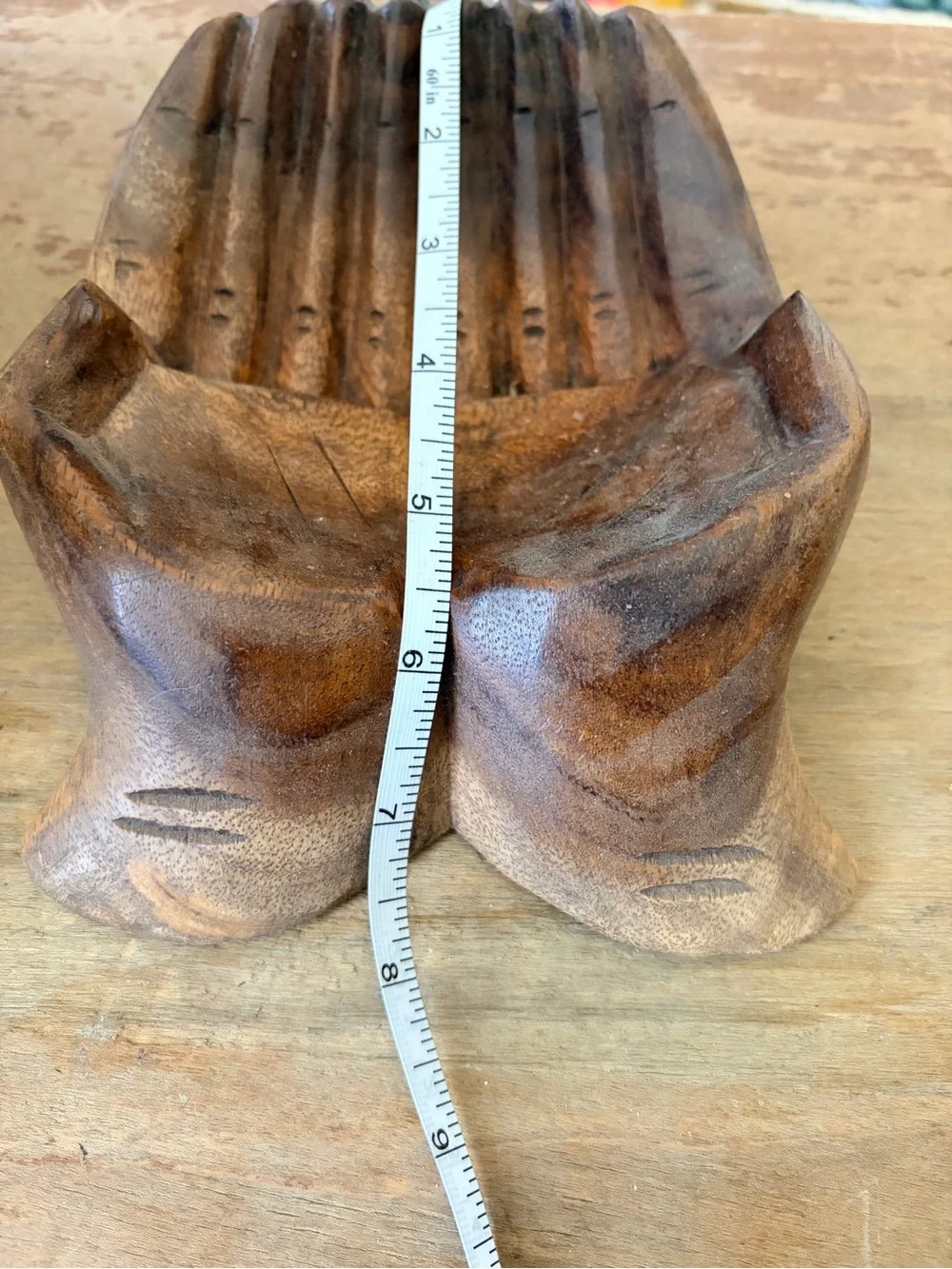 Hand Carved Wooden Cupped Hands Trinket Bowl Sculpture 8”